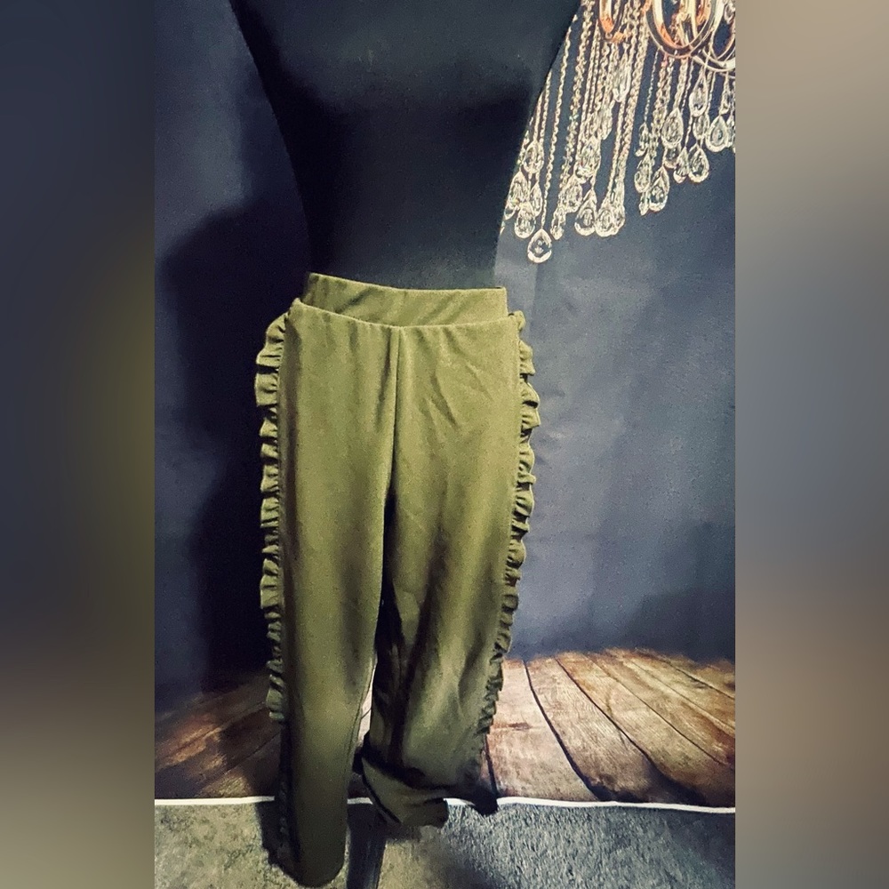 Olive green pull on stretchy pants with side leg ruffle